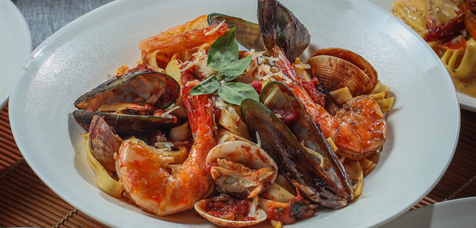 Seafood pasta with shrimp, mussels, and clams